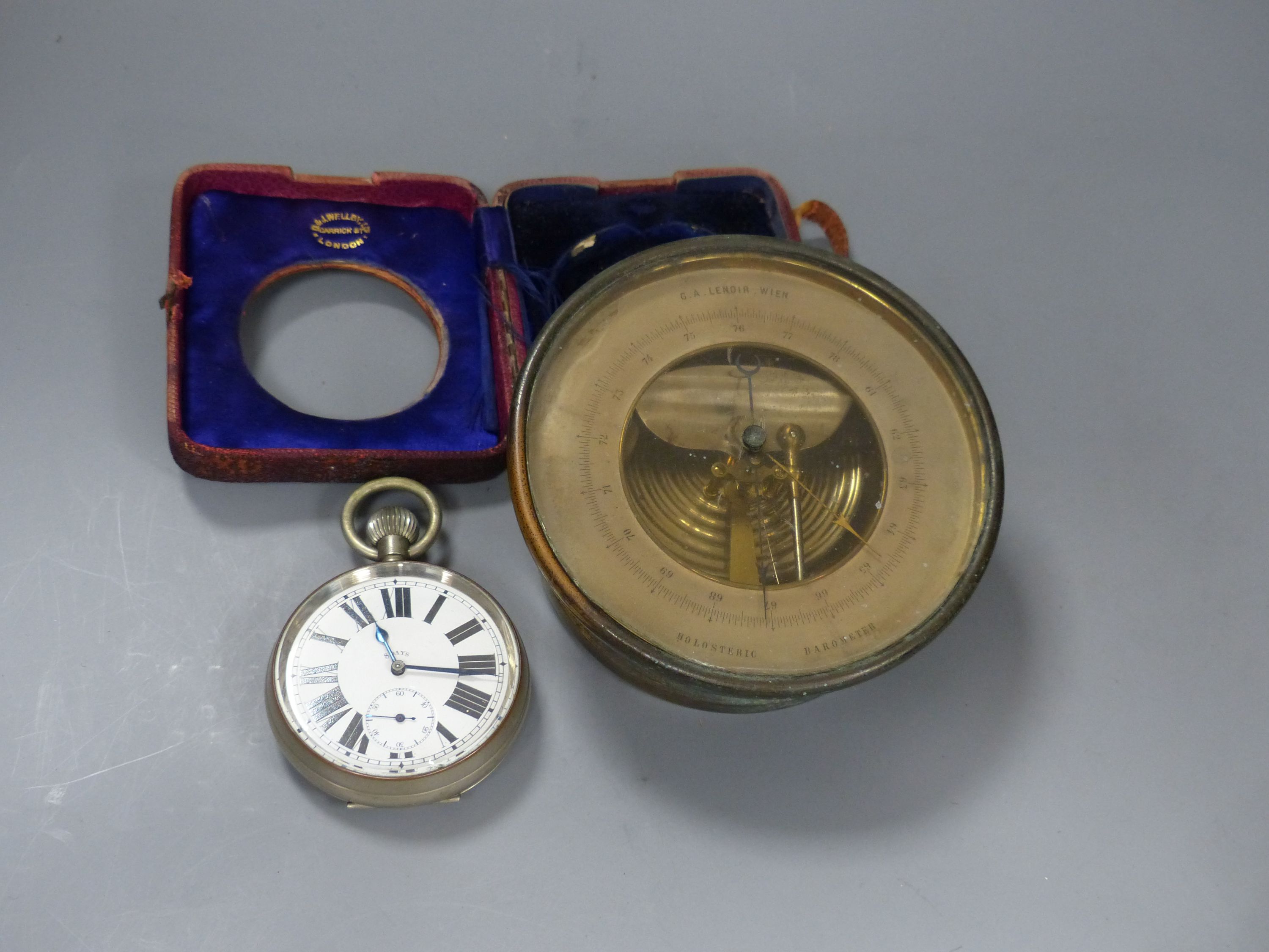 A G.A. Lenoir Wien Holosteric barometer and a cased Goliath eight day pocket watch